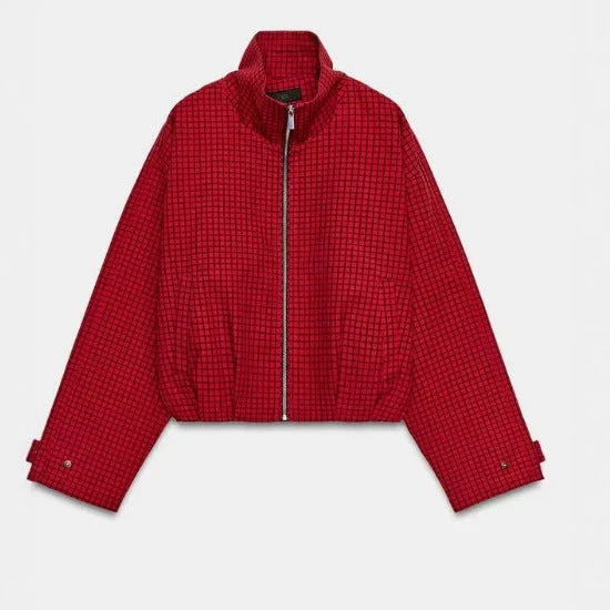 Women's Cropped Bomber Jacket with Stand-up Collar, Check Pattern and Elastic Hem Mune Fashion