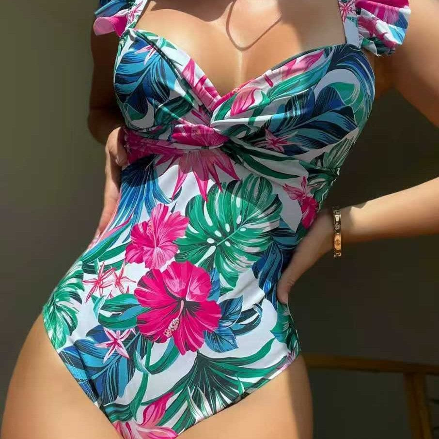 Women's One-Piece Swimsuit with Floral Design and Ruffles Mune Fashion