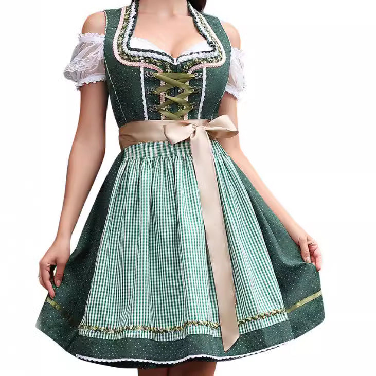 Ladies traditional dirndl dress with lace sleeves, bodice corset, and gathered apron Mune Fashion
