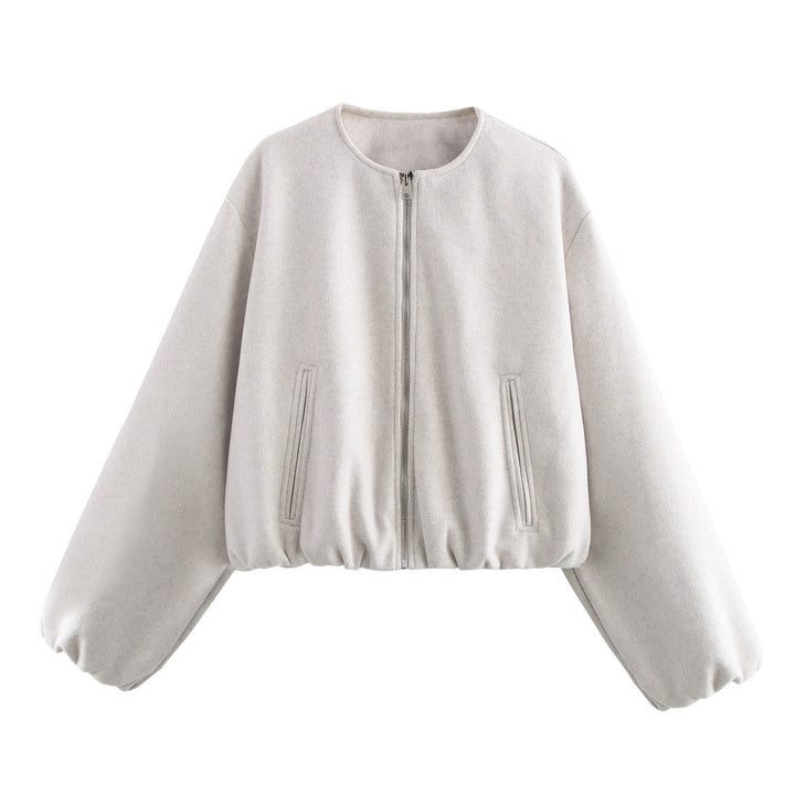 Women's short oversized wool blouson with zipper, balloon sleeves and elastic hem Mune Fashion