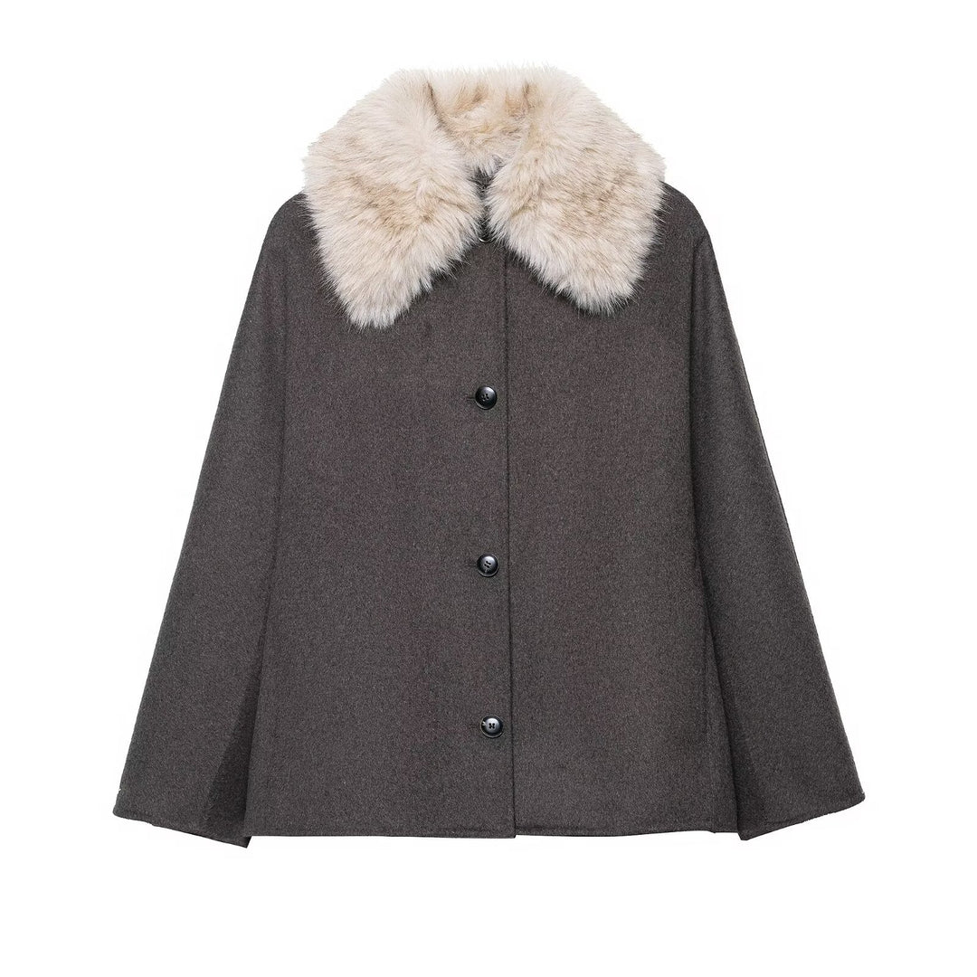 Women's wool cape with removable faux fur collar and concealed button placket Mune Fashion