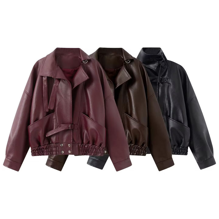Women's Oversize Faux Leather Bomber Jacket with Elastic Hem and Waist Belt Mune Fashion