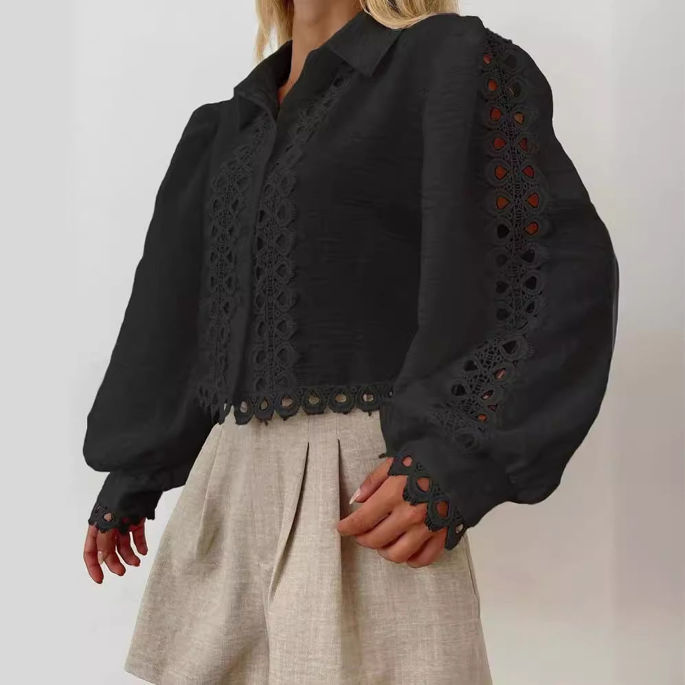 Women's Embroidered Linen Blouse with Lace, Balloon Sleeves and Shirt Collar Mune Fashion