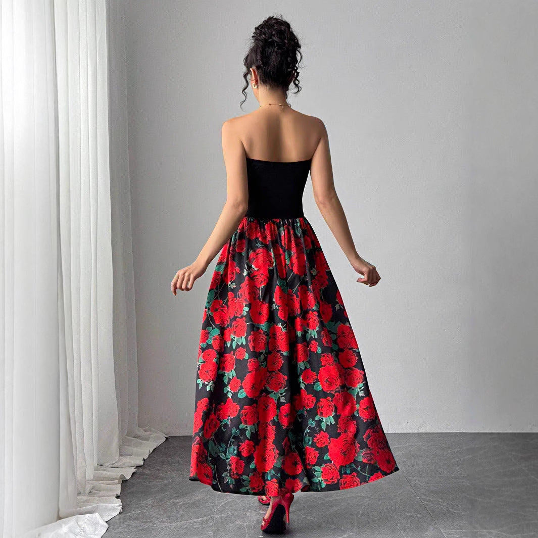Ladies strapless maxi dress with fitted bandeau top and flared rose print skirt Mune Fashion