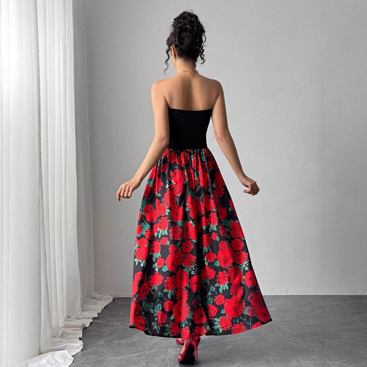Ladies strapless maxi dress with fitted bandeau top and flared rose print skirt Mune Fashion