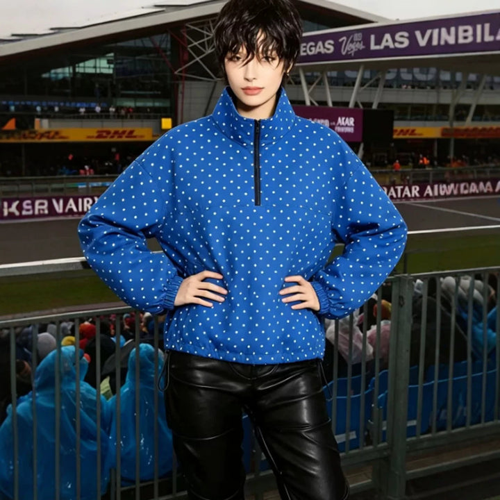 Women's Lightweight Polka Dot Half-Zip Transitional Jacket with Stand-Up Collar and Drawstring Mune Fashion