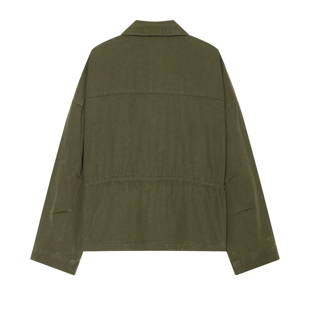 Women Short-Cut Utility Blouson Jacket with Stand-Up Collar Flap Pockets and Continuous Zipper Drune
