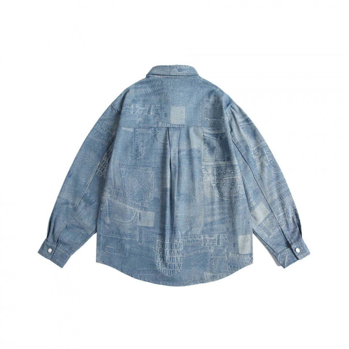 Unisex Oversize Denim Shirt with Allover Patch Print and Chest Pocket Mune Fashion