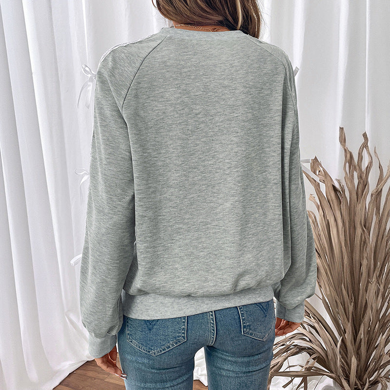 Women's Casual Sweatshirt with Lace Trim and Decorative Ribbons on Sleeves Mune Fashion