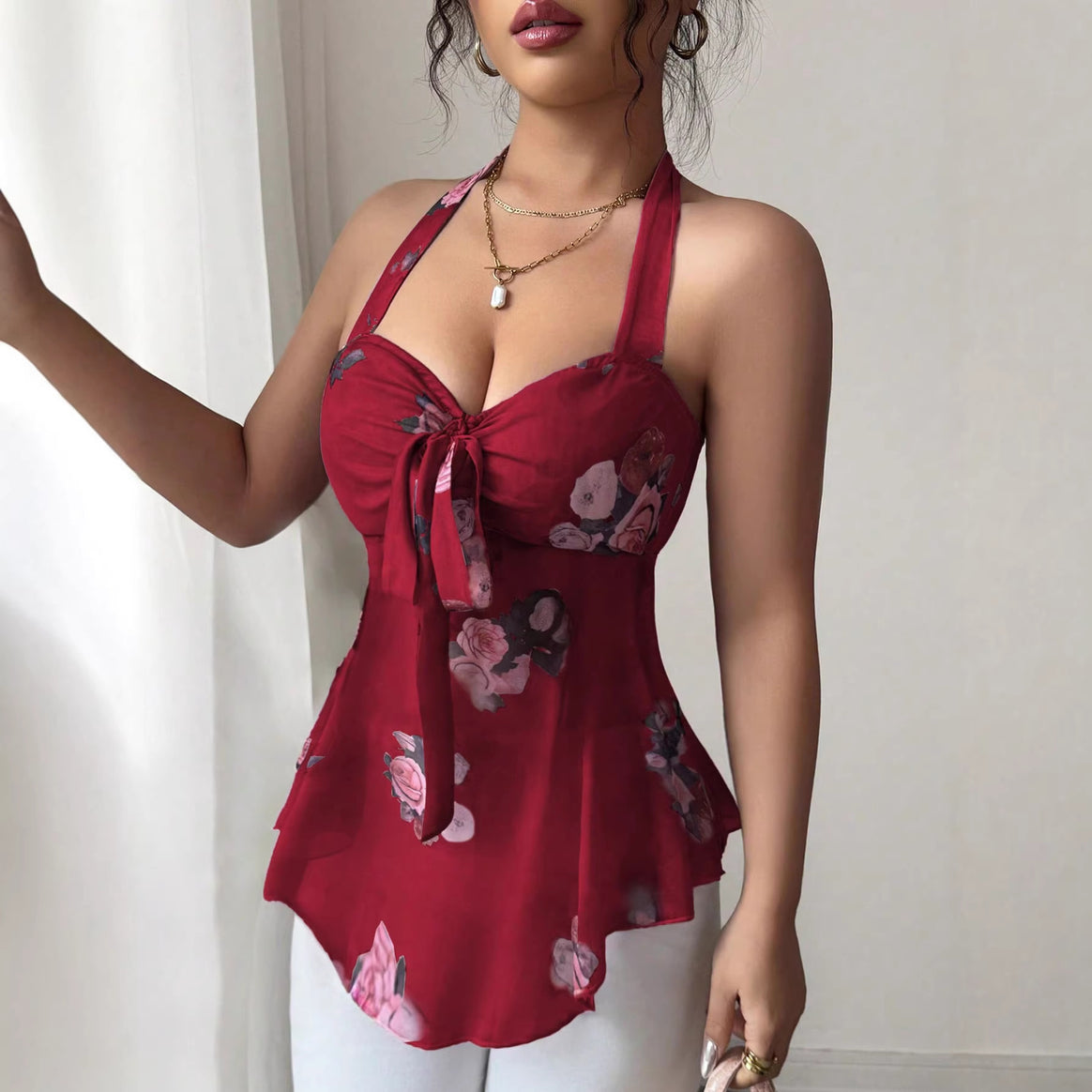 Women’s halter bustier top with gathered tie detail and flared ruffle hem Mune Fashion