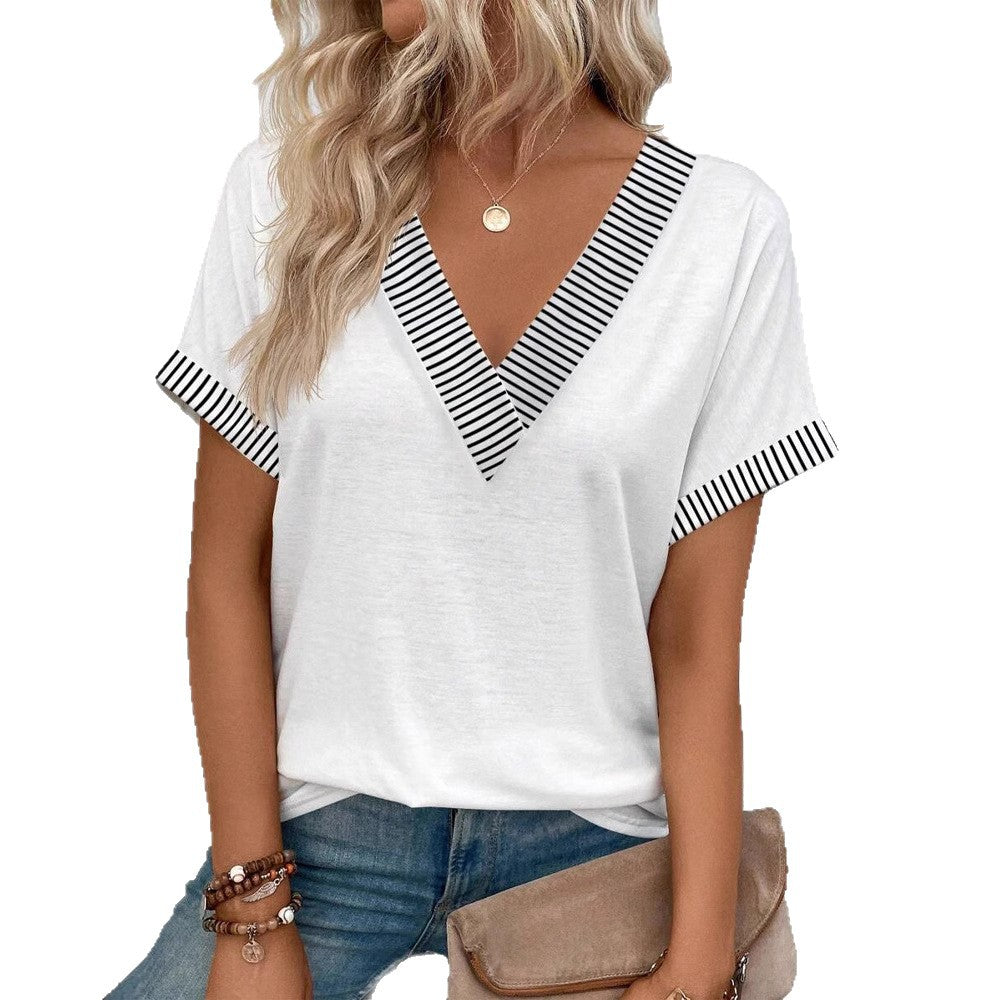 Ladies casual T-shirt with deep V-neck and striped contrasting trims Mune Fashion