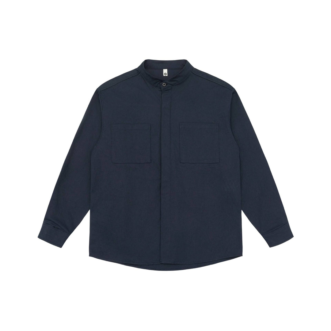 Unisex shirt jacket with stand-up collar, concealed button placket, and patch breast pockets Mune Fashion