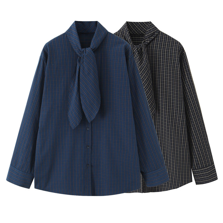 Women Plaid Blouse Shirt with Bow and Loose Fit Mune Fashion
