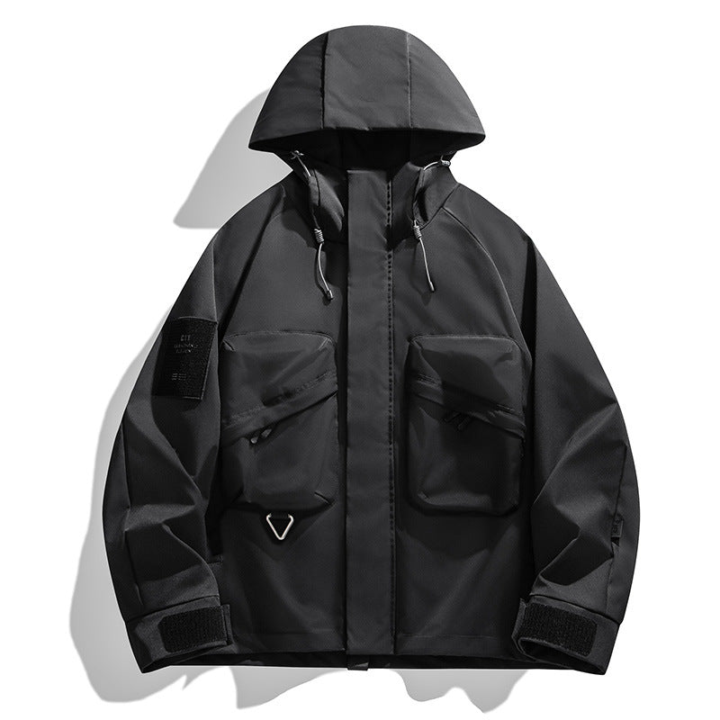 Men's water-repellent technical utility jacket with hood, multifunctional pockets & adjustable Velcro cuffs Mune Fashion