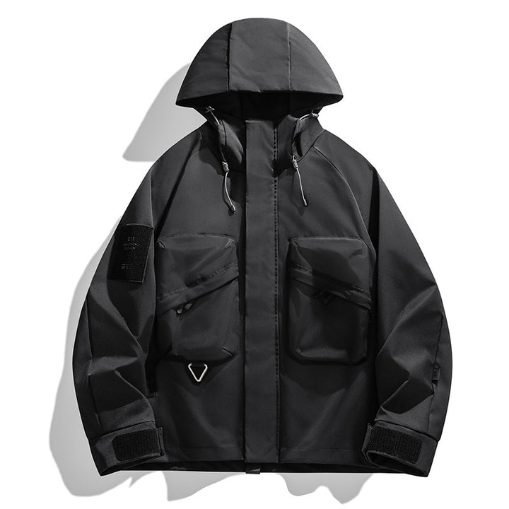 Men's water-repellent technical utility jacket with hood, multifunctional pockets & adjustable Velcro cuffs Mune Fashion