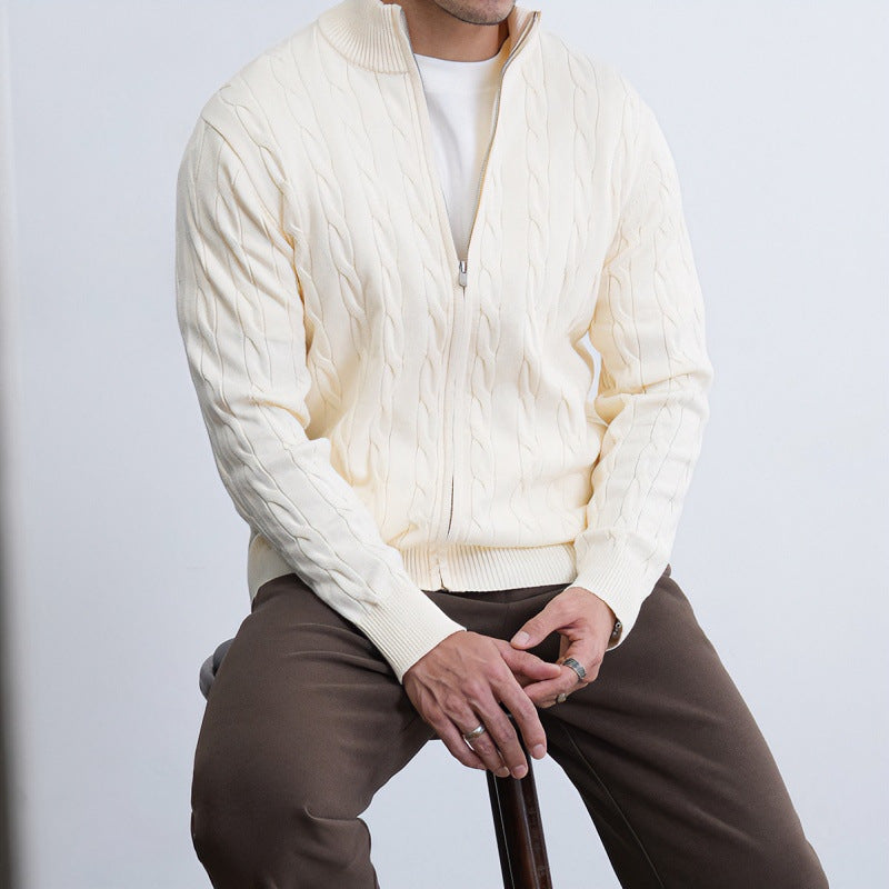 Men's Fine Cable Knit Half-Zip Cardigan with Ribbed Collar and Silver Zipper Mune Fashion
