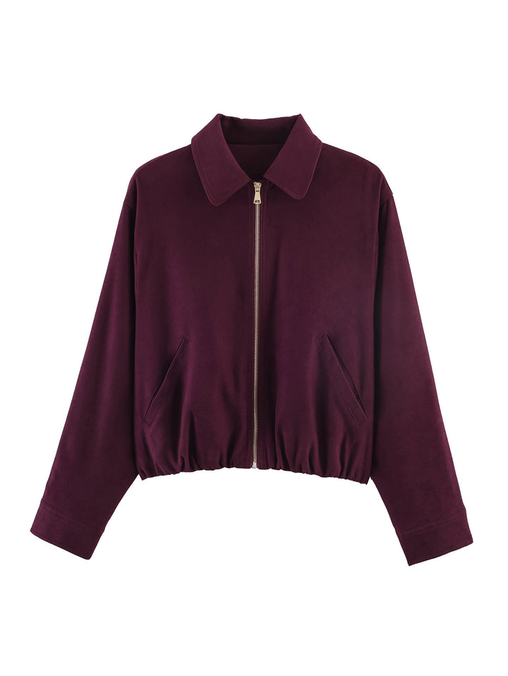 Women's short-cut velour bomber jacket with elastic waistband and full-length zipper Mune Fashion