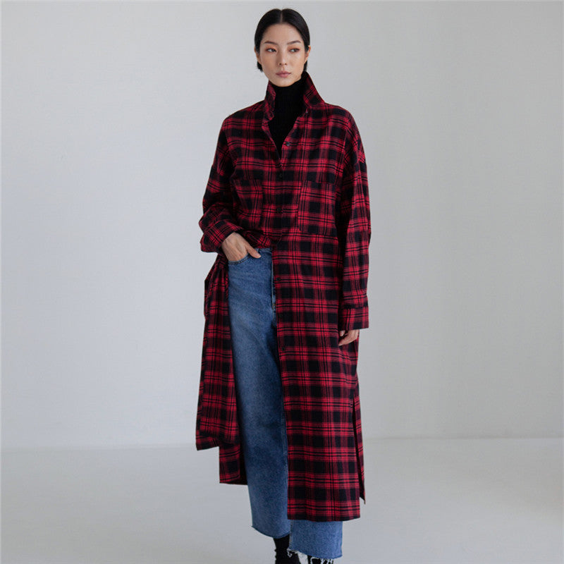 Women's Long Checked Shirt Coat with Waistband and Side Slits Mune Fashion