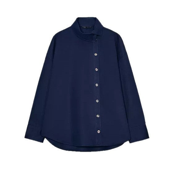 Women's Oversize Shirt Blouse with Asymmetrical Stand Collar and Extended Back Section Mune Fashion