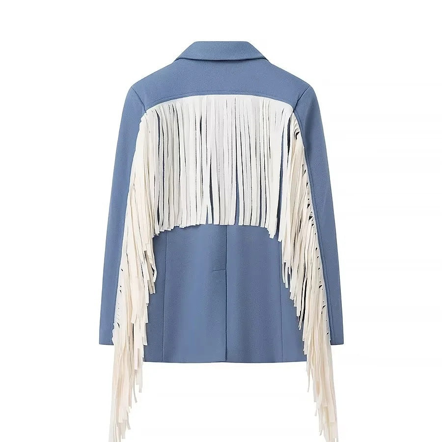 Women Oversize Blazer with Long Fringes and Decorative Seams Mune Fashion