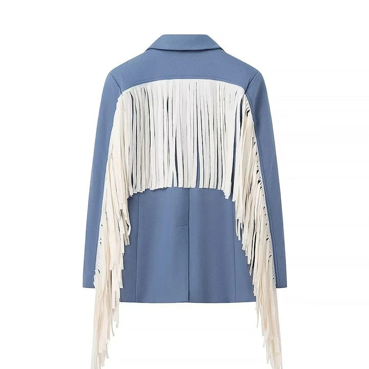 Women Oversize Blazer with Long Fringes and Decorative Seams Mune Fashion