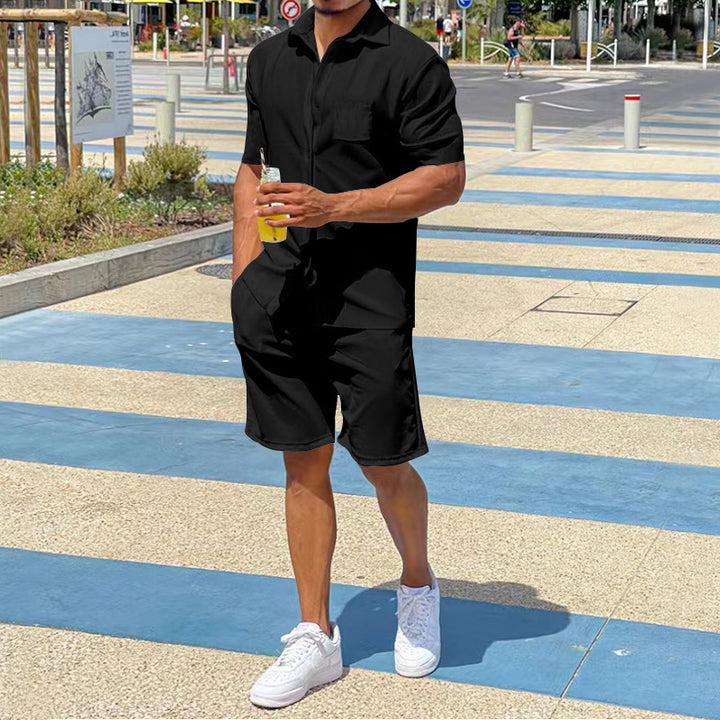 Men's Nan Legeres Resort Two-Piece with Open Short Sleeve Shirt, Chest Pocket and Elastic Bermuda Mune Fashion