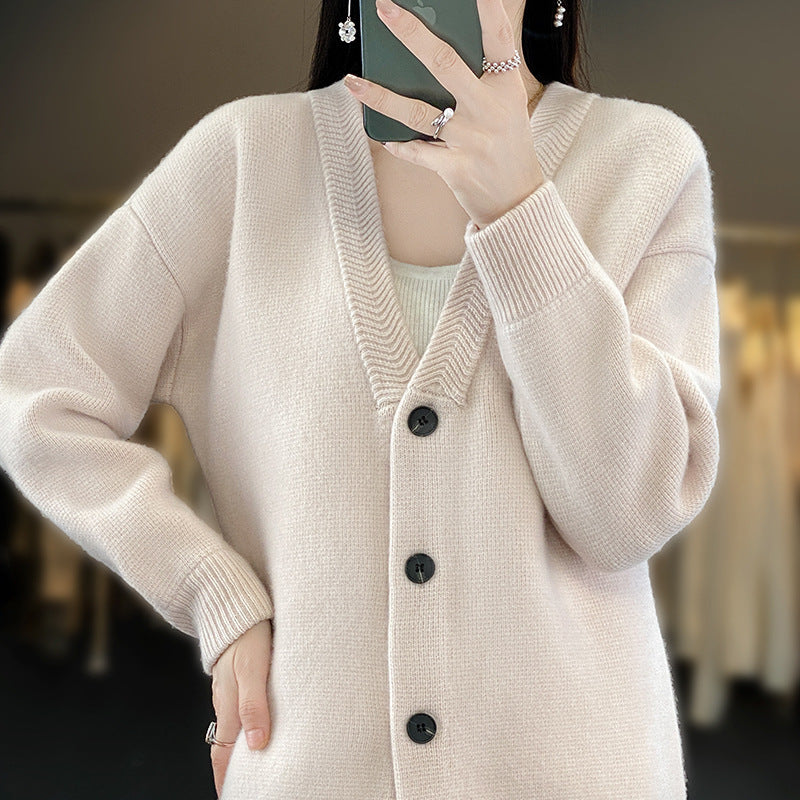Ladies Soft Boxy Long Cardigan with Deep V-Neck and Fine Ribbed Edge