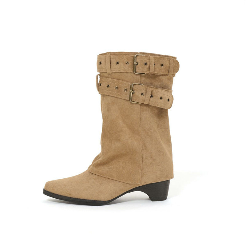 Women's slouch boots with pointed toe, buckle strap and low heel Mune Fashion