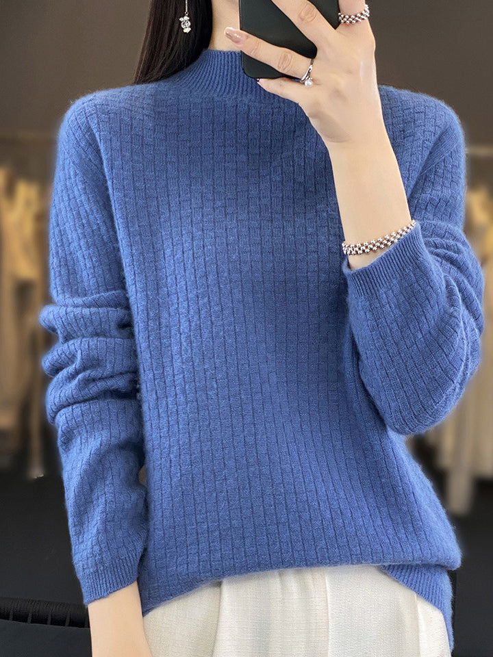 Women's Soft Boxy Mock Neck Sweater in Mohair Look with Fine Box Rib Structure Mune Fashion