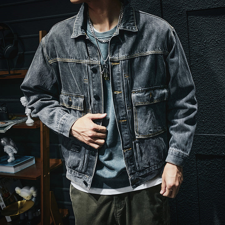 Men's Casual Denim Jacket with Modern Applications Mune Fashion
