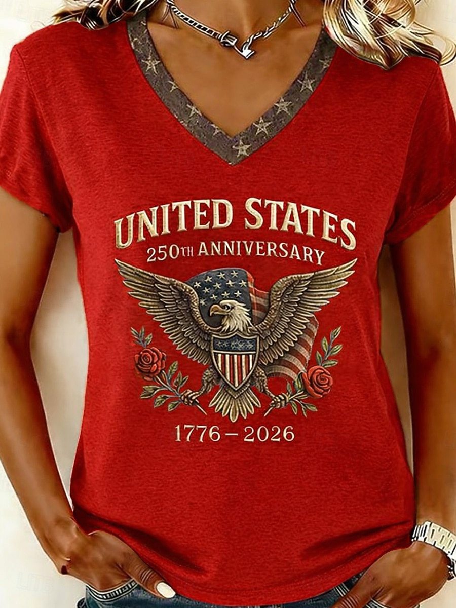 Women’s V-neck Retro Print T-shirt with Eagle Emblem and vintage-inspired Graphic Mune Fashion