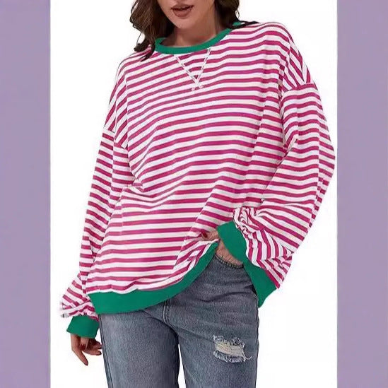 Women Casual Oversized Stripe Sweatshirt with Raglan Sleeves and Contrast Cuffs Drune