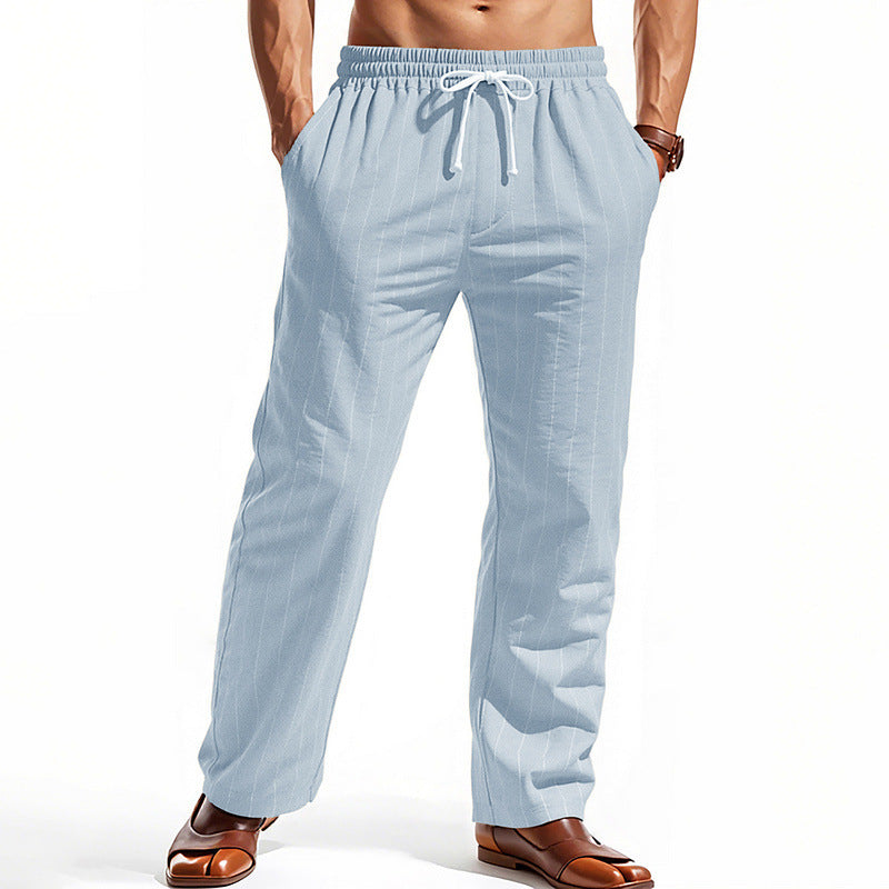 Men's Casual Pinstripe Leisure Pants with Elastic Drawstring Waist, Side Pockets, and Straight Leg Mune Fashion