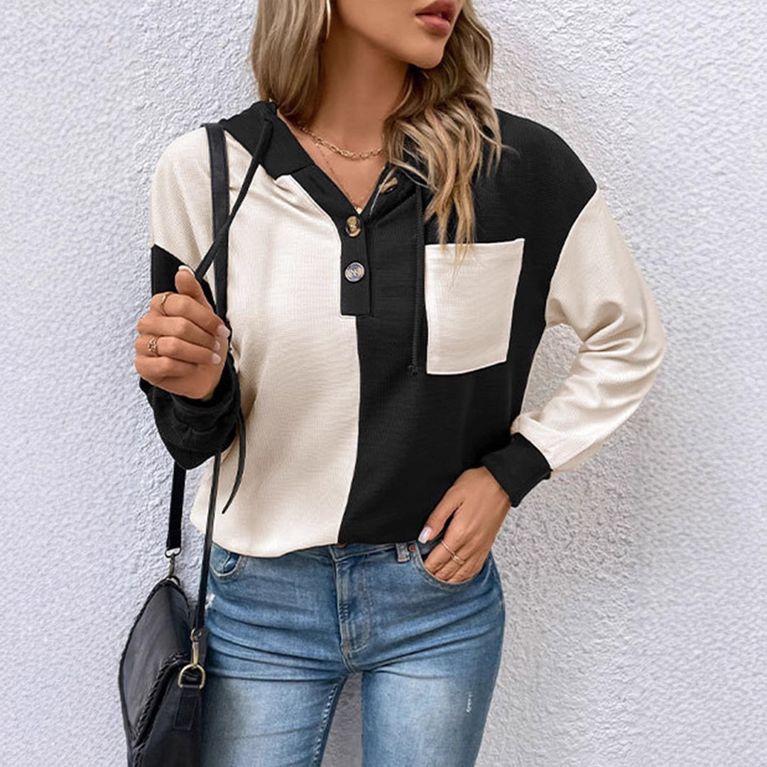 Women's waffle knit hoodie with henley buttons, chest pocket, and hood Mune Fashion