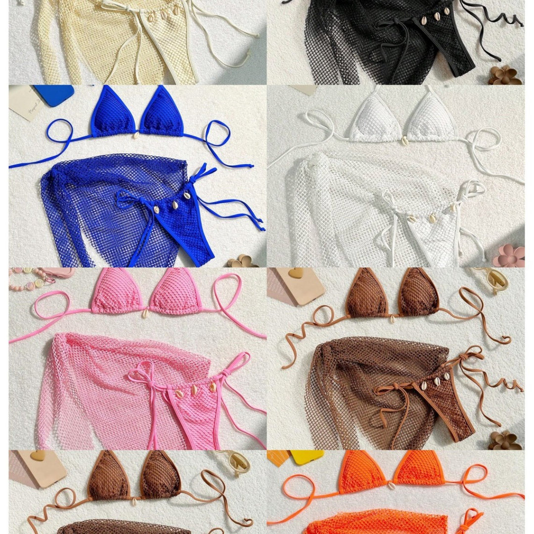 Women Triangle Bikini with Mesh Insert and Decorative Shells Mune Fashion