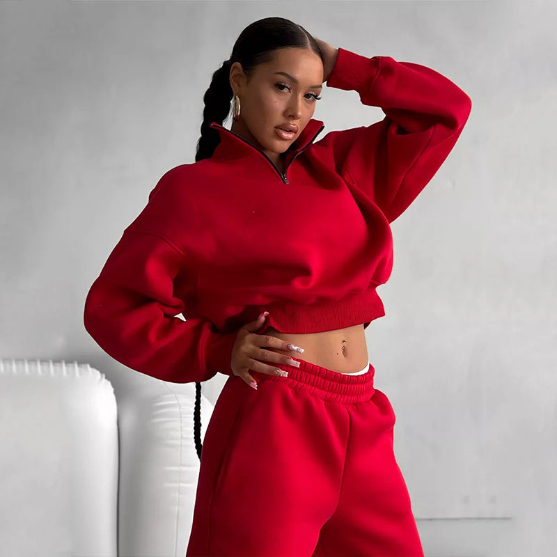 Women Two-Piece Cropped Half-Zip Sweatset with Stand Collar and Elastic High-Waist Jogging Pants Mune Fashion
