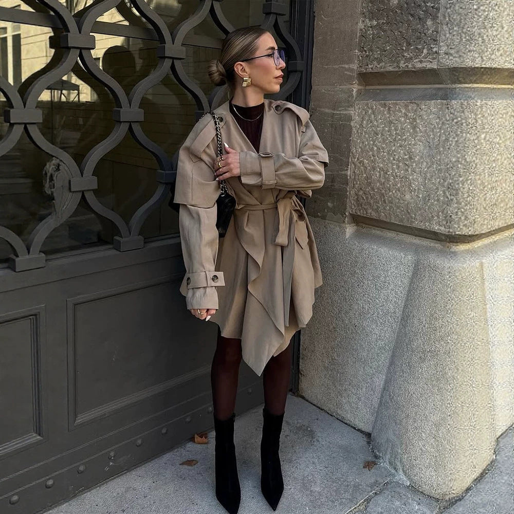 Women's Short Asymmetrical Wrap Coat with Ruffle Overlay and Tie Belt Mune Fashion