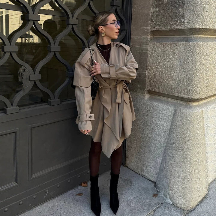 Women's Short Asymmetrical Wrap Coat with Ruffle Overlay and Tie Belt Mune Fashion