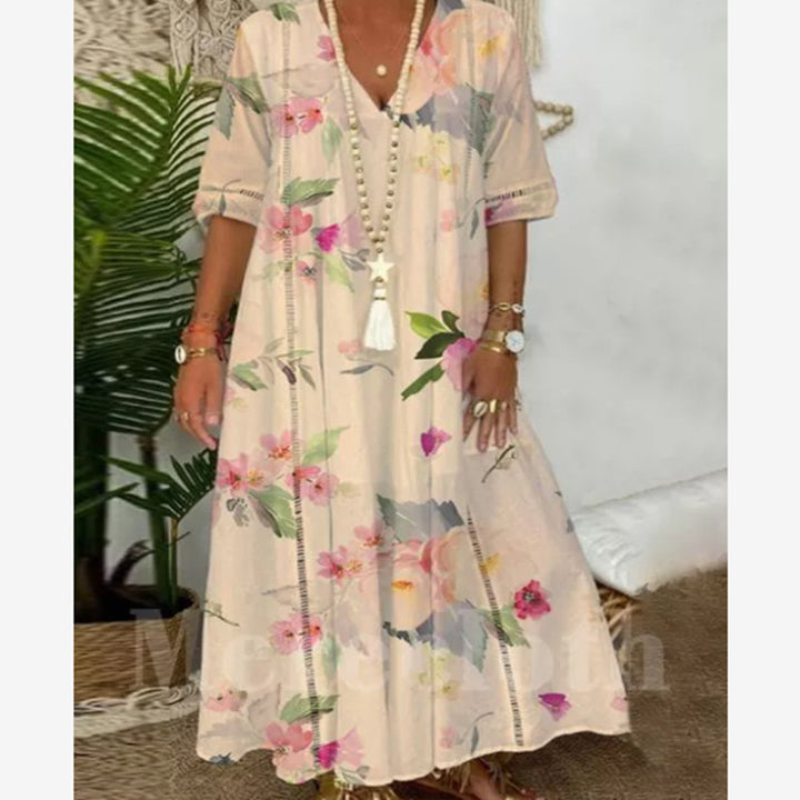 Ladies nan locker flowing Kaftan midimax dress with V-neck, openwork panels and lightweight linen blend quality Mune Fashion