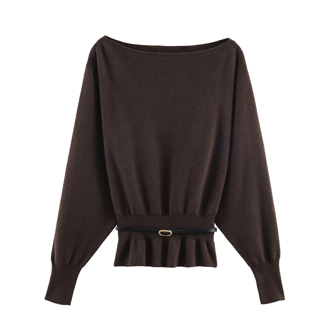 Women's Oversized Knit Sweater with Boat Neck, Batwing Sleeves, Gathered Ribbed Hem, and Waist Belt Mune Fashion