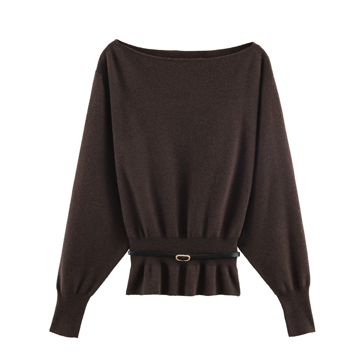 Women's Oversized Knit Sweater with Boat Neck, Batwing Sleeves, Gathered Ribbed Hem, and Waist Belt Mune Fashion