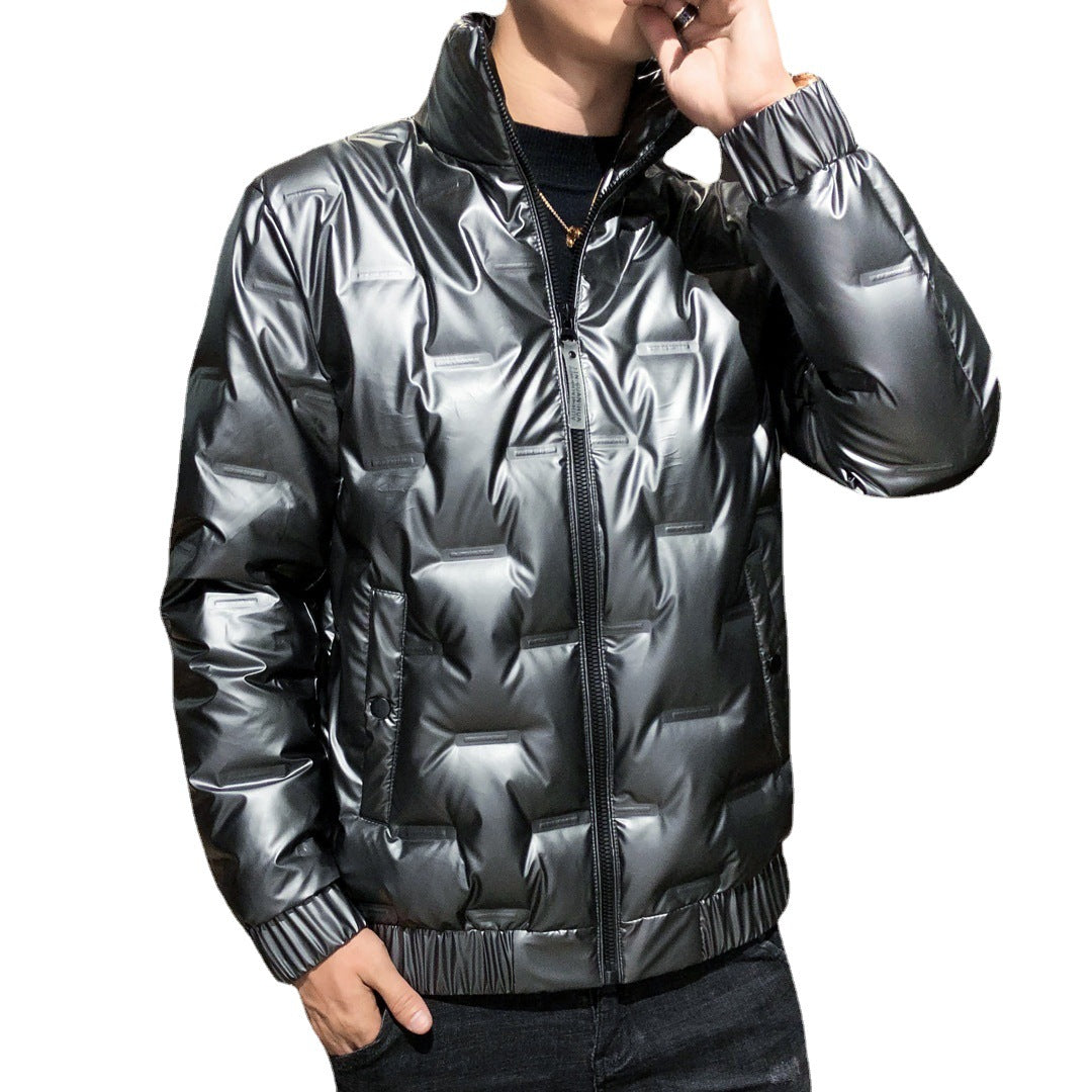 Men's Shiny Thermal Quilted Jacket with Square Quilt and High-Closing Stand-Up Collar Mune Fashion