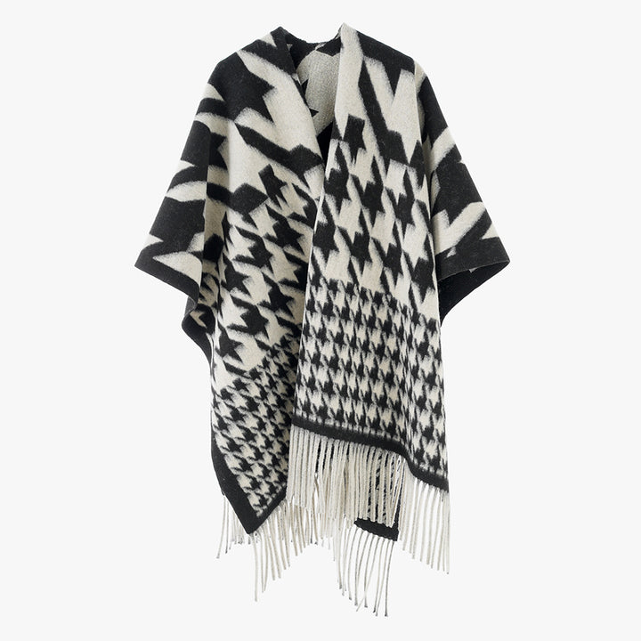 Women Wool Blend Poncho with Houndstooth Pattern and Fringe Hem Mune Fashion