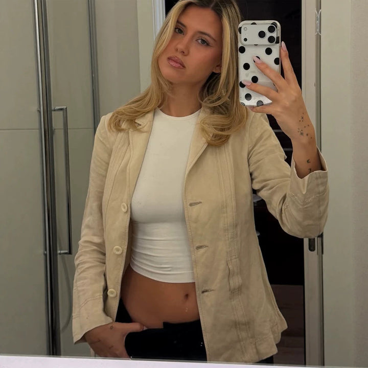 Women Lightweight Structured Linen Blazer with Relaxed Fit, One-Button Closure & Flap Pockets Mune Fashion