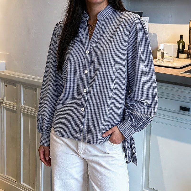 Women loose-fitting Vichy check blouse with stand-up collar, button placket, and tie cuffs