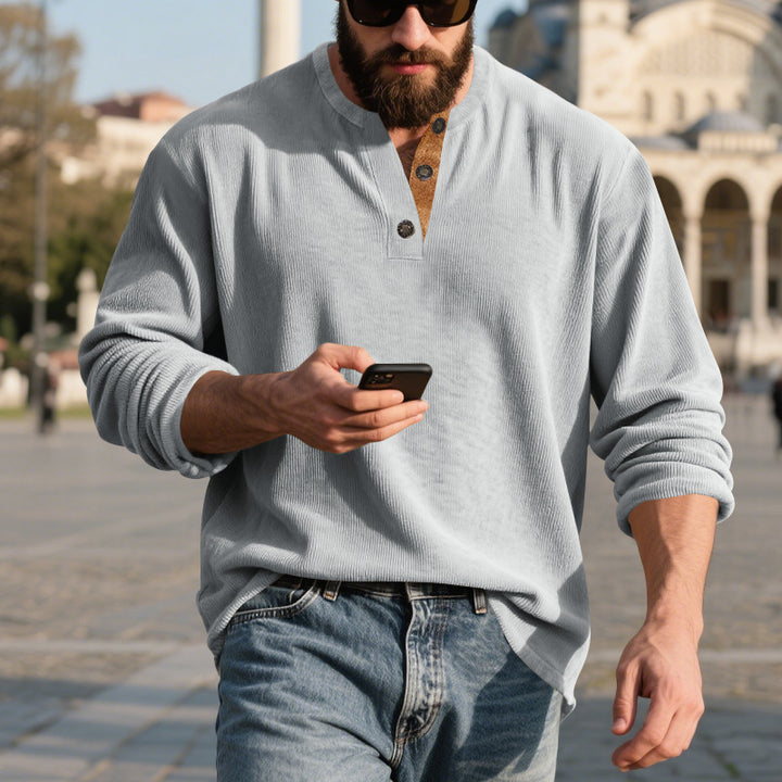 Men's long-sleeve Henley shirt made of structured cotton blend with decorative button placket Mune Fashion