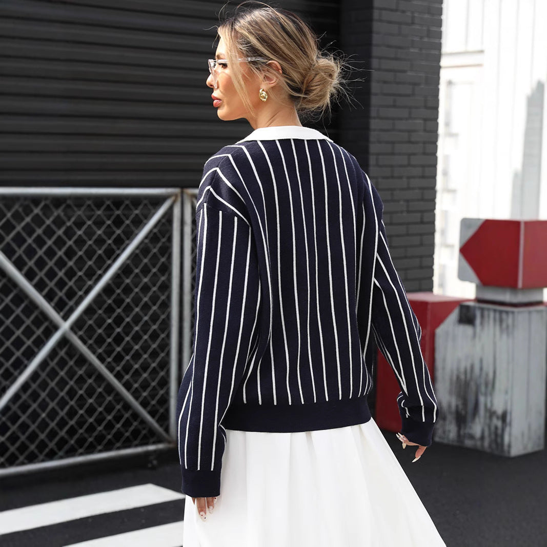 Women's Fashionable Sweater with Polo Collar and Striped Design Mune Fashion