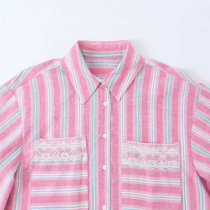 Ladies Cropped Striped Blouse with Lace Trim and Oversized Sleeves Mune Fashion