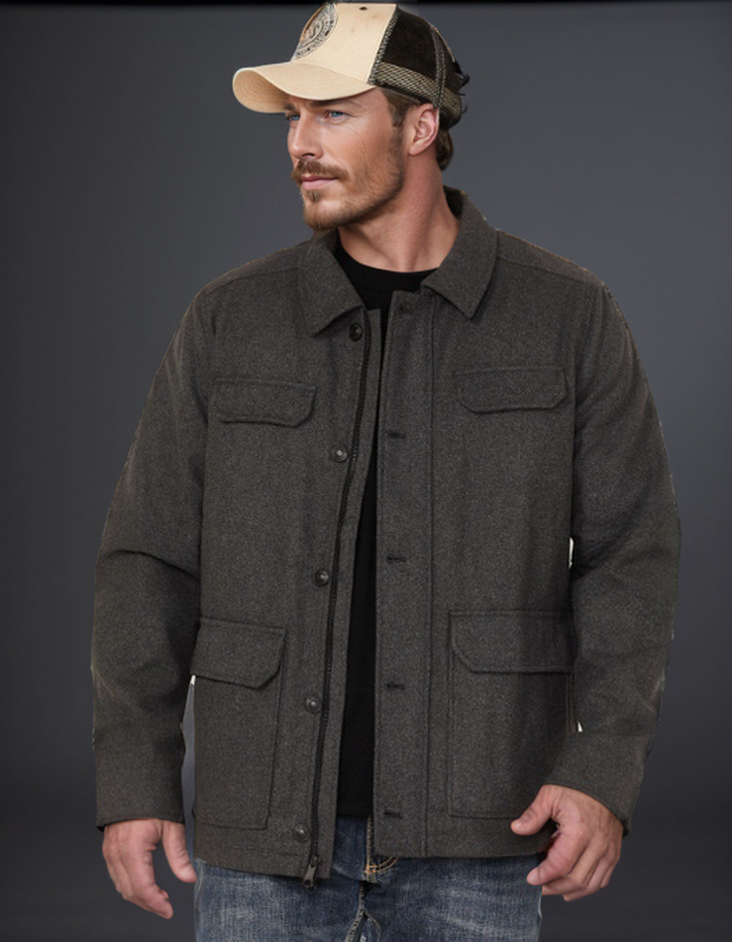 Men's Wool Field Jacket with Four Flap Pockets and Shirt Collar Mune Fashion