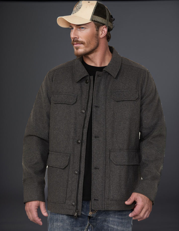 Men's Wool Field Jacket with Four Flap Pockets and Shirt Collar Mune Fashion